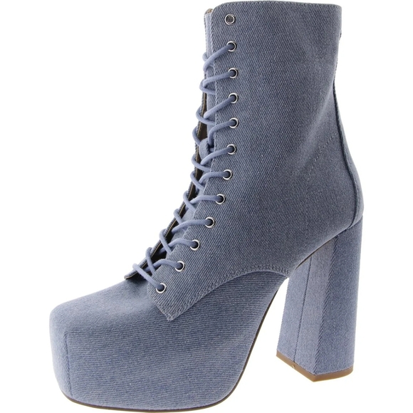 NIB Steve Madden Confident Blue Denim Lace-Up Platform Sz 9 Mid Calf Boots *bsmt - Picture 1 of 5